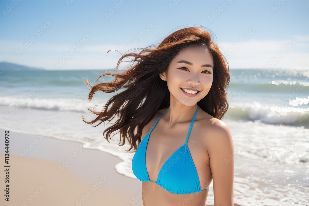Happy woman in bikini at beach. Happy woman in bikini at beach.