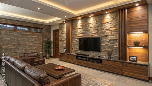 Ivory textured stucco TV wall with gold leaf accents, Classic ivory and gold decor

