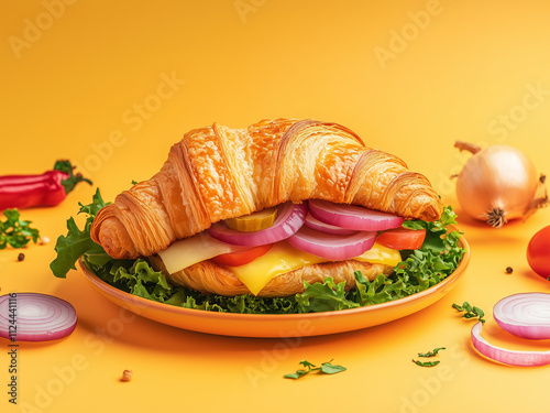 Delicious Croissant Sandwich with Fresh Fillings, Flaky Croissant Sandwich with Ham and Cheese, Savory Croissant Sandwich Perfect for Breakfast photo