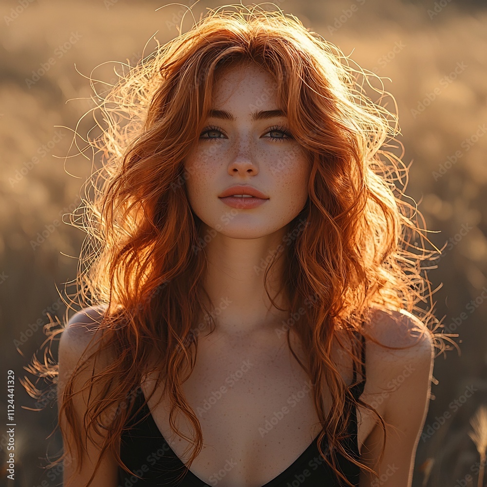 Radiant Woman with Fiery Red Hair Standing in Golden Wheat Field at Sunset Radiant Woman with Fiery Red Hair Standing in Golden Wheat Field at Sunset