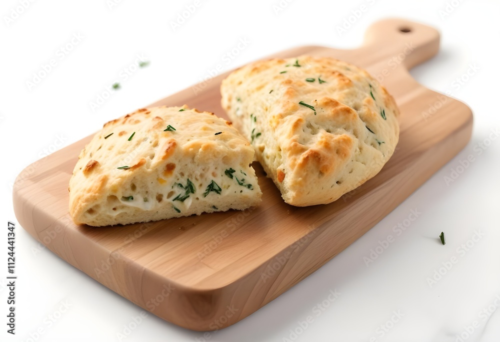 A savory cheddar and chive scone, warm from the oven, placed on a wooden cutting board A savory cheddar and chive scone, warm from the oven, placed on a wooden cutting board