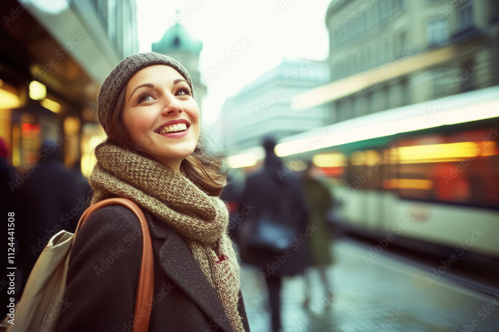 Smiling Young Woman Waiting at the Tram Stop. A cheerful woman with fair skin and brown hair wearing a scarf and beanie waits at a tram stop in a bustling city.
Smiling Young Woman Waiting at the Tram Stop. A cheerful woman with fair skin and brown hair wearing a scarf and beanie waits at a tram stop in a bustling city.