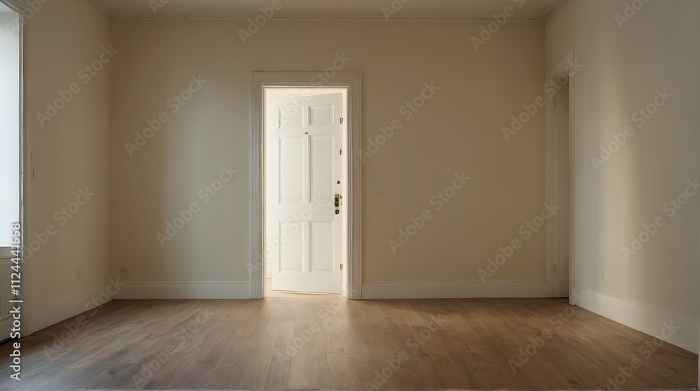 An empty room with a white door and a window. An empty room with a white door and a window.