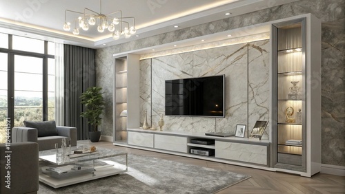 Ivory textured stucco TV wall with gold leaf accents, Classic ivory and gold decor

