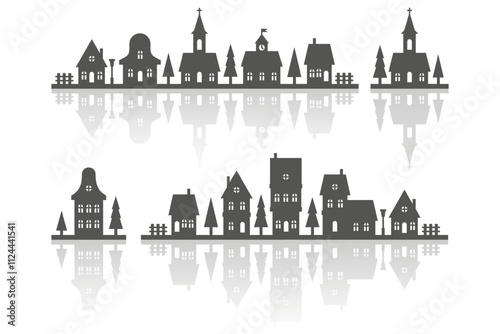 Silhouette of houses on skyline. Neighborhood vector row of homes with reflection on white background. Small black village cottages. Christmas rural landscape with church and trees. Cute country
