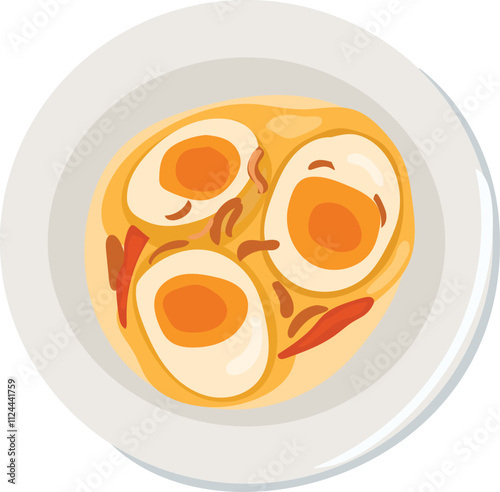 Braised eggs in savory golden sauce illustration.