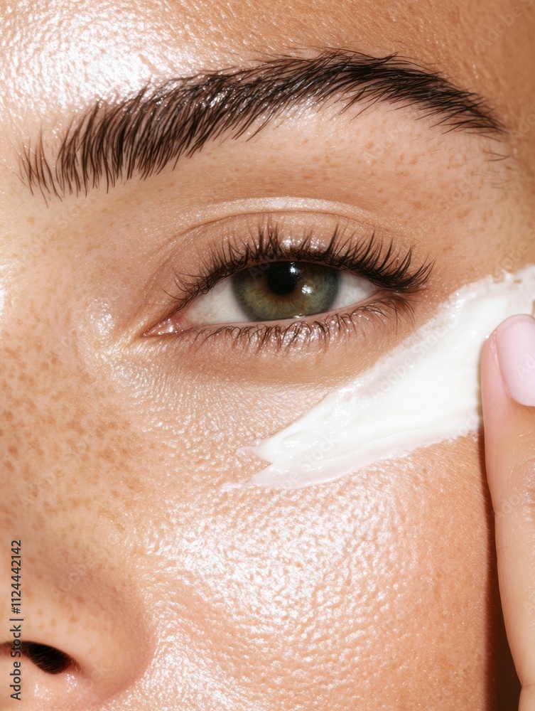Close-up of radiant skin with cream applied under the eye, natural freckles and glowing complexion - instagram social media content marketing