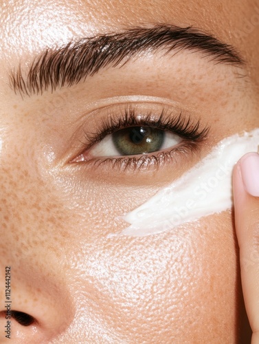 Obraz na płótnie Close-up of radiant skin with cream applied under the eye, natural freckles and glowing complexion - instagram social media content marketing w salonie