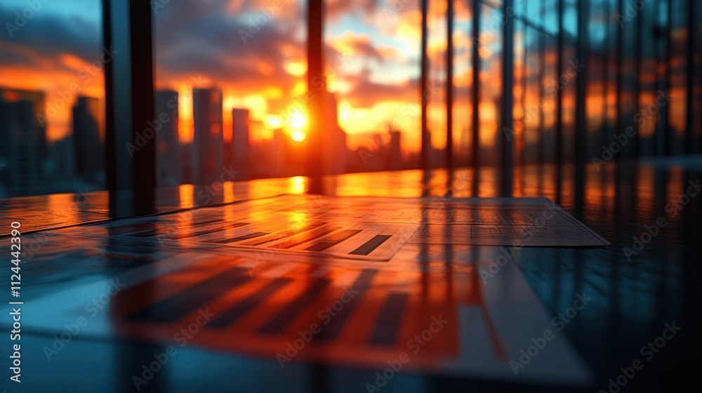 Fototapeta premium Business Meeting Teamwork Analysis with Finance Graph at Desk in Office during Golden Hour
