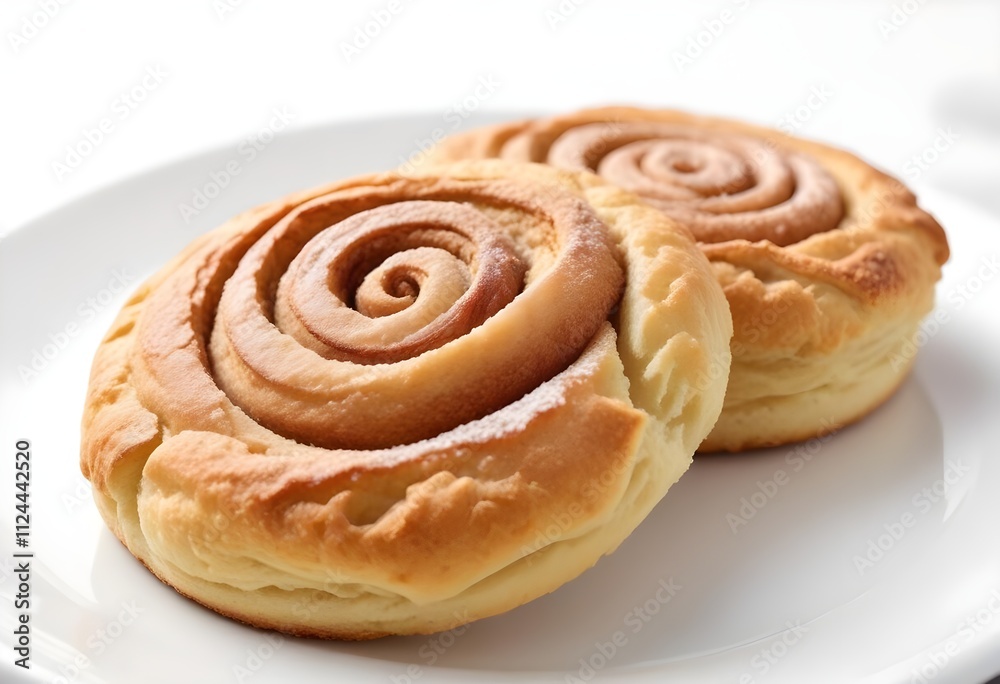 A flaky, buttery biscuit with a swirl of cinnamon and sugar, displayed on a crisp white plate A flaky, buttery biscuit with a swirl of cinnamon and sugar, displayed on a crisp white plate