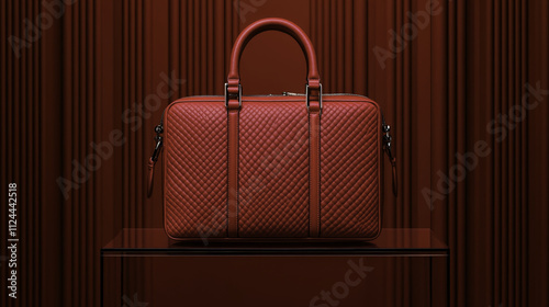 luxury handbag displayed on reflective glass podium, showcasing its elegant design and rich texture. warm brown color adds sophistication to overall aesthetic photo