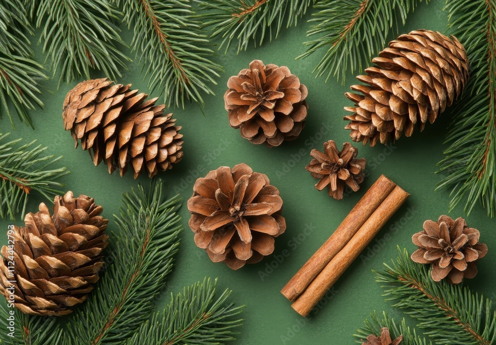 Rustic Arrangement of Pine Cones and Cinnamon Sticks Surrounded by Evergreen Sprigs on Green Background for Seasonal Decor and Nature Inspired Themes Rustic Arrangement of Pine Cones and Cinnamon Sticks Surrounded by Evergreen Sprigs on Green Background for Seasonal Decor and Nature Inspired Themes