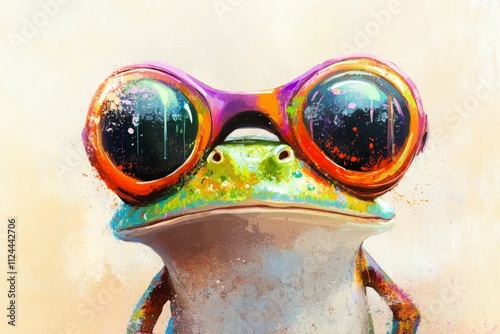 Colorful Frog in Funky Sunglasses: Playful and Artistic Animal Illustration Perfect for Childrens Books and Nature Themes photo