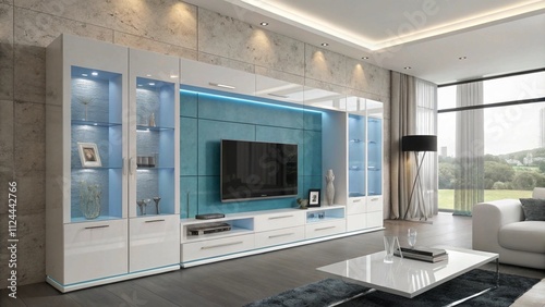 Smoky gray slate TV wall with black metal inlays, Minimalist slate and black decor

