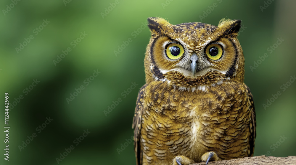 Majestic owl with striking yellow eyes perched on branch, showcasing its intricate feather patterns against blurred green background Majestic owl with striking yellow eyes perched on branch, showcasing its intricate feather patterns against blurred green background