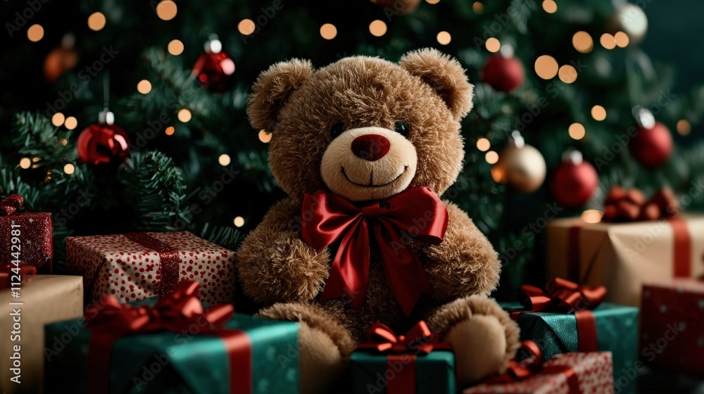 Festive giant teddy bear with a red bow amidst christmas gifts cozy living room holiday decor warm atmosphere close-up joyful memories