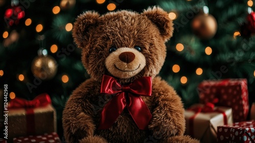 Giant teddy bear with red satin bow amid christmas decorations cozy indoor setting holiday cheer captivating viewpoint