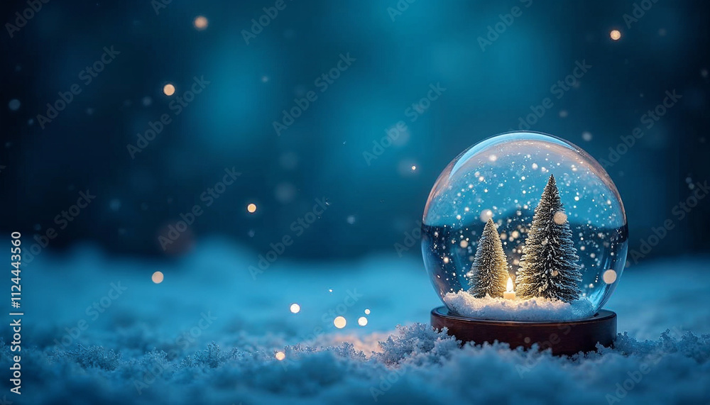 Christmas Snow Globe In Eve Night - Wish Concept With Blue Abstract Defocused Background Christmas Snow Globe In Eve Night - Wish Concept With Blue Abstract Defocused Background