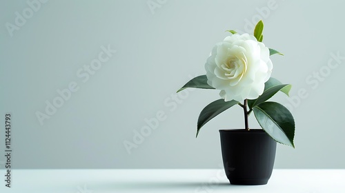 A white camellia flower in a black pot, isolated on a clean white background.