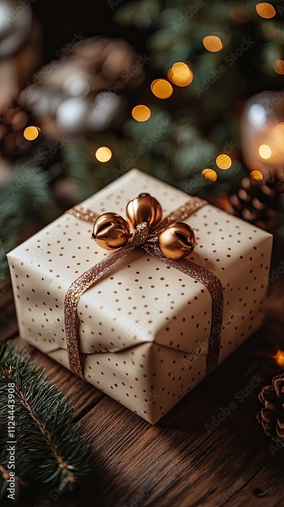 Gift wrapped in elegant paper with gold accents placed among festive decorations and warm lights for a cozy holiday atmosphere Gift wrapped in elegant paper with gold accents placed among festive decorations and warm lights for a cozy holiday atmosphere