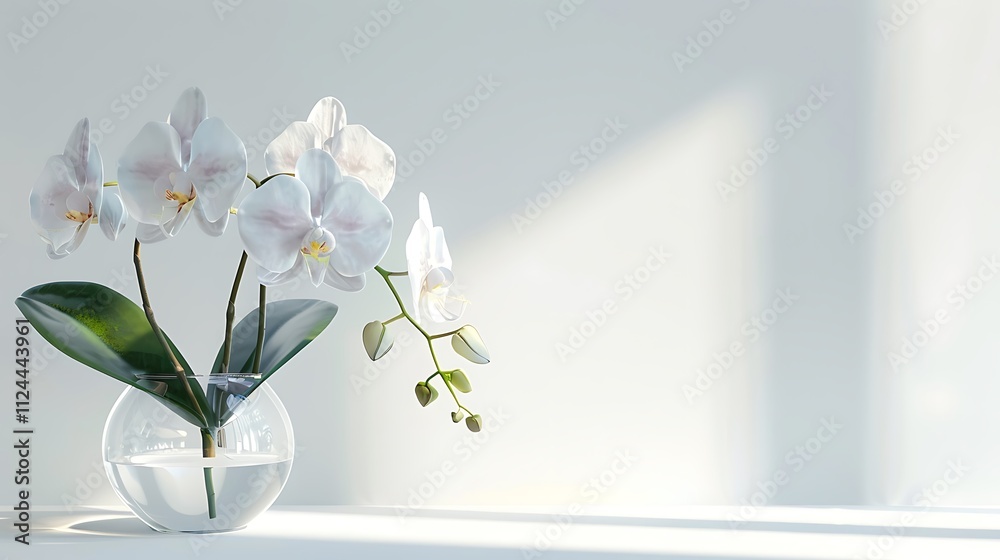 A white orchid with long stems in a glass pot, isolated on a clean white background. A white orchid with long stems in a glass pot, isolated on a clean white background.