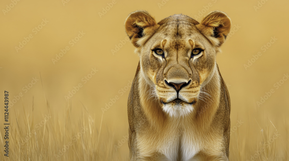 lioness resting in savannah, showcasing her majestic presence and calm demeanor. golden grasslands create serene backdrop, highlighting her beauty and strength lioness resting in savannah, showcasing her majestic presence and calm demeanor. golden grasslands create serene backdrop, highlighting her beauty and strength