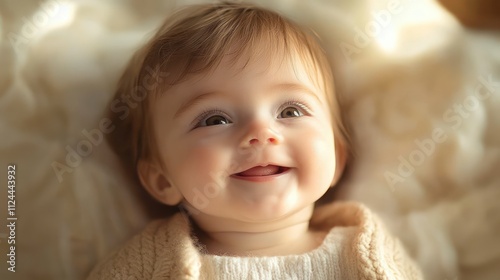 Smiling Baby Girl at Home on White Bed with Innocent Joy and Laughter