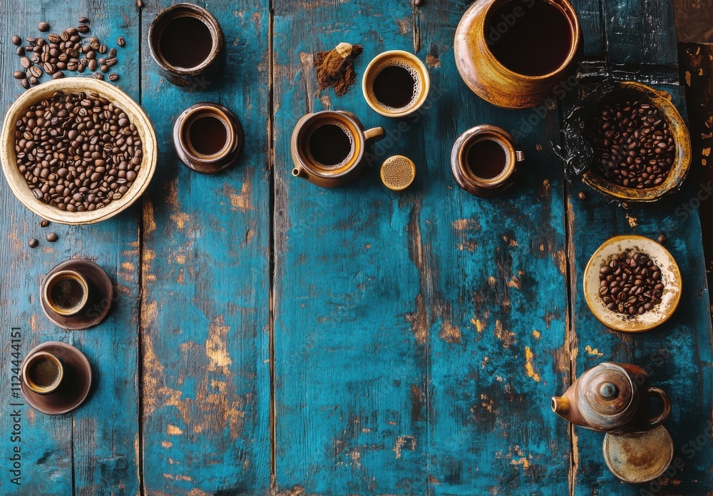 Rustic Coffee Setup with Unroasted Beans, Traditional Pots, and Cups on a Vibrant Blue Wooden Table Amid a Cozy Café Atmosphere Rustic Coffee Setup with Unroasted Beans, Traditional Pots, and Cups on a Vibrant Blue Wooden Table Amid a Cozy Café Atmosphere