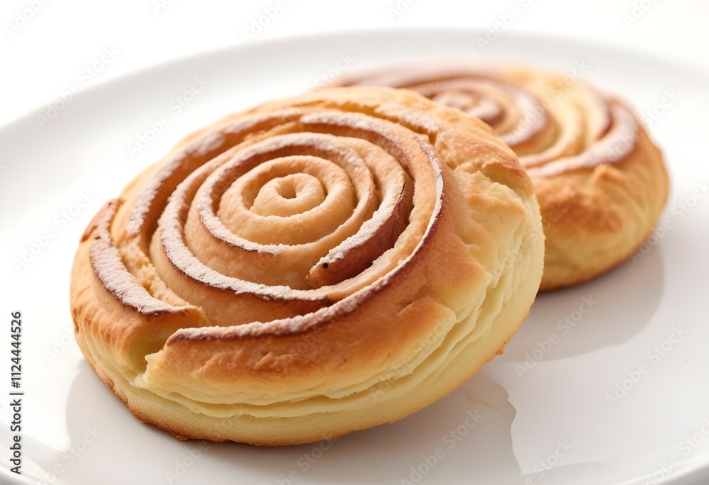 A flaky, buttery biscuit with a swirl of cinnamon and sugar, displayed on a crisp white plate A flaky, buttery biscuit with a swirl of cinnamon and sugar, displayed on a crisp white plate