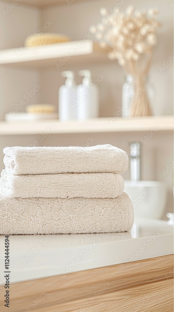 A neatly folded stack of soft beige towels on a countertop, in a bright and clean bathroom with natural accents. A neatly folded stack of soft beige towels on a countertop, in a bright and clean bathroom with natural accents.