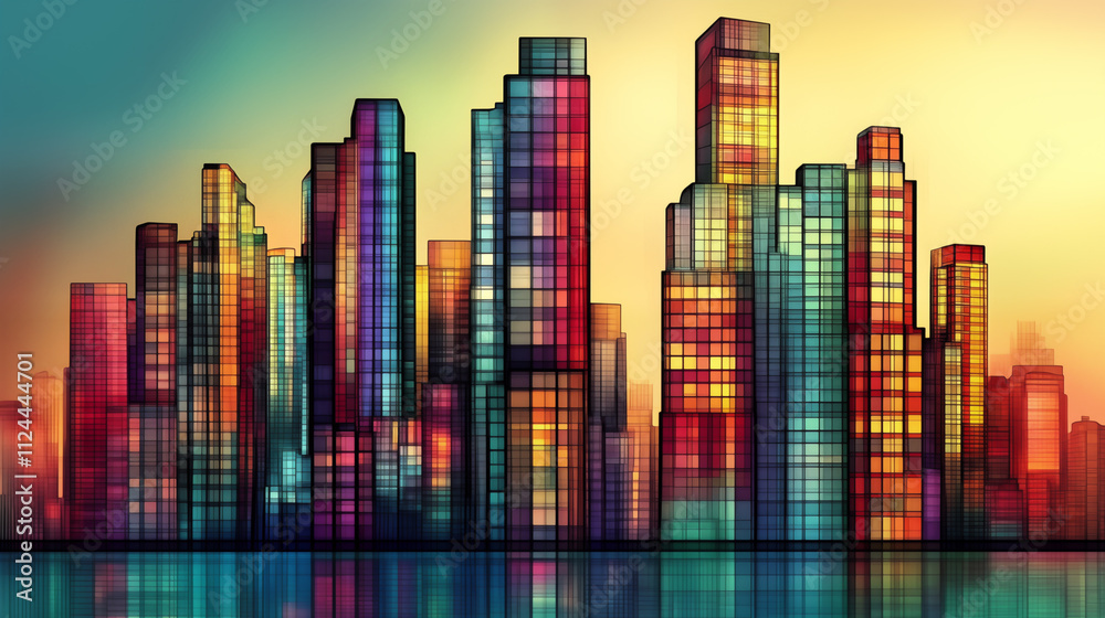 A vibrant and futuristic cityscape depicting modern skyscrapers with colorful glass facades reflecting the bright hues of sunset A vibrant and futuristic cityscape depicting modern skyscrapers with colorful glass facades reflecting the bright hues of sunset