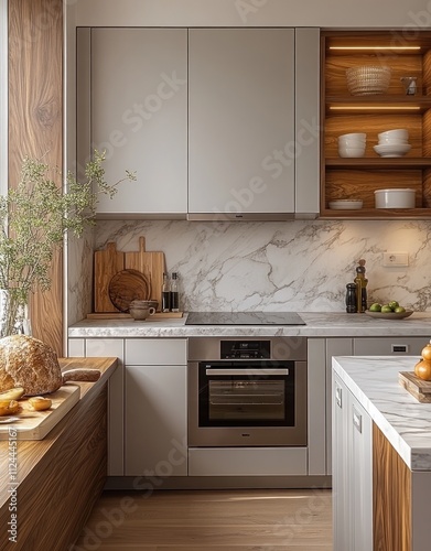 Modern kitchen with light gray cabinets, wooden accents, and marble countertops. (1)