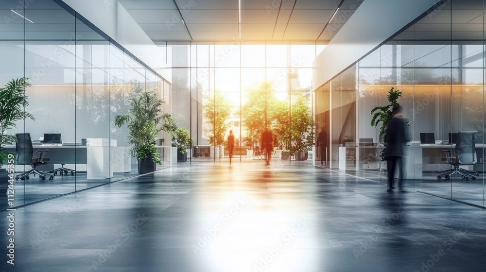 Modern Office Interior with Blurred People and High Contrast Lighting Modern Office Interior with Blurred People and High Contrast Lighting