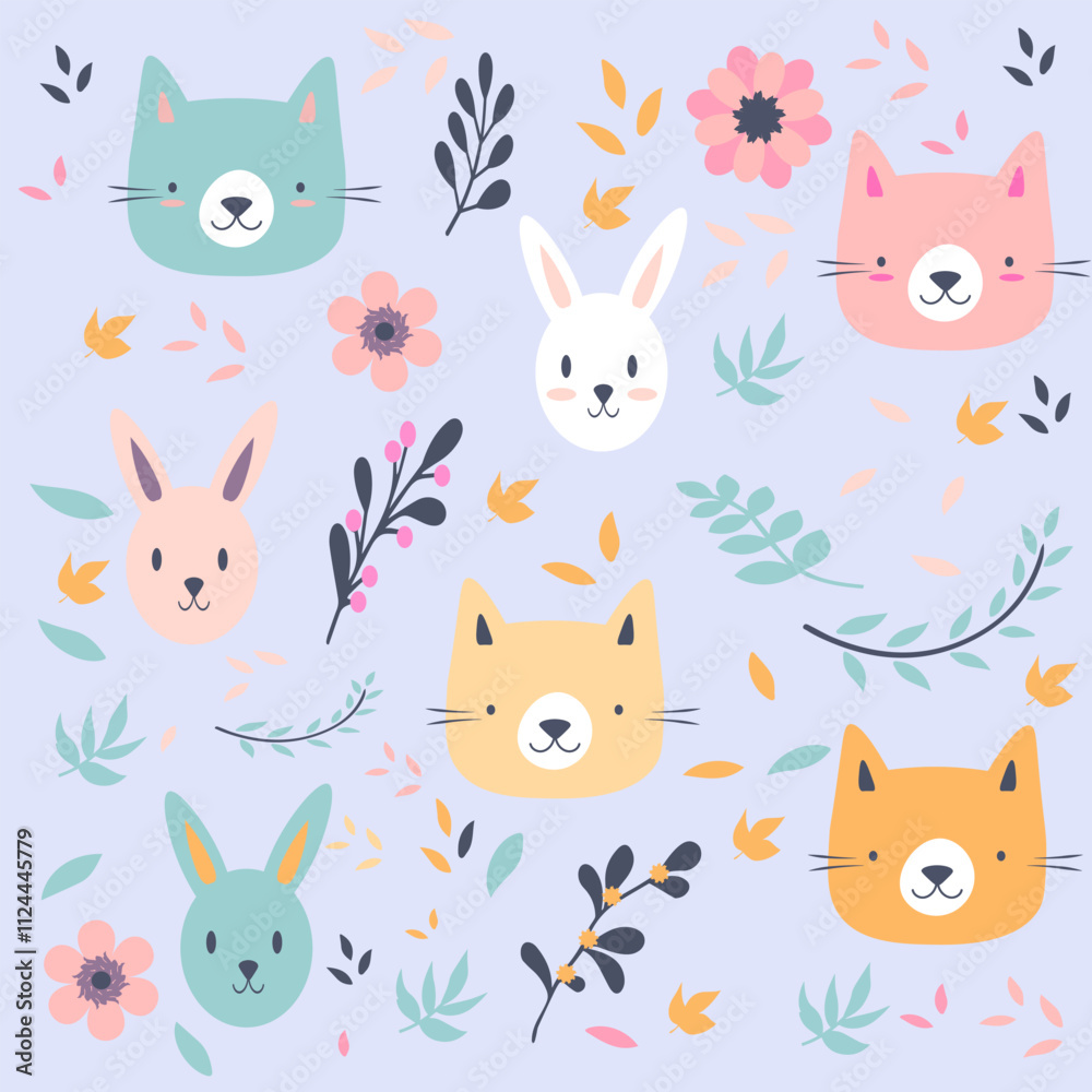 Fototapeta premium A seamless pattern featuring cute cartoon animals like cats, rabbits, and more in a fun and colorful design.