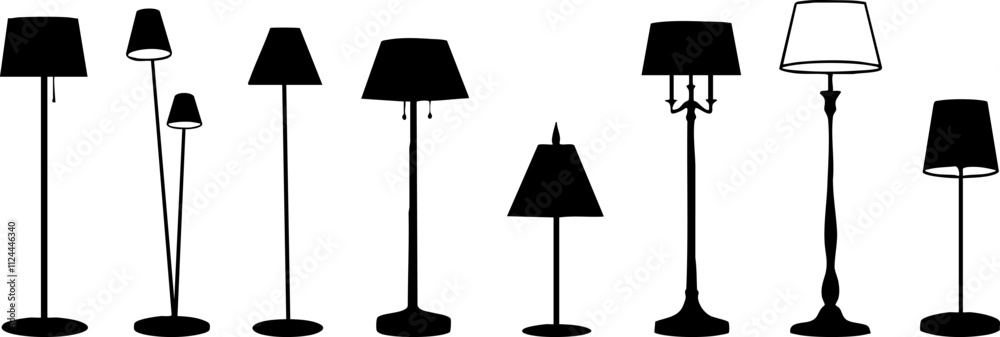 A collection of silhouettes of various floor lamps showcasing diverse designs and styles for interior decoration.