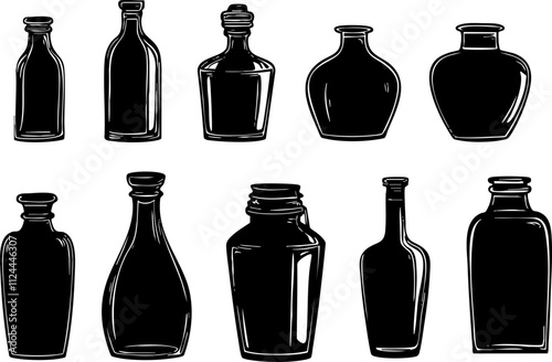 A collection of vintage-style glass bottles in various shapes and sizes, ideal for design and craft projects.