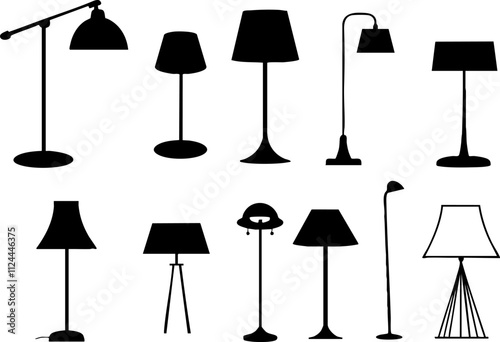 A collection of various lamp silhouettes including table and floor lamps, showcasing modern design elements for interior decor.