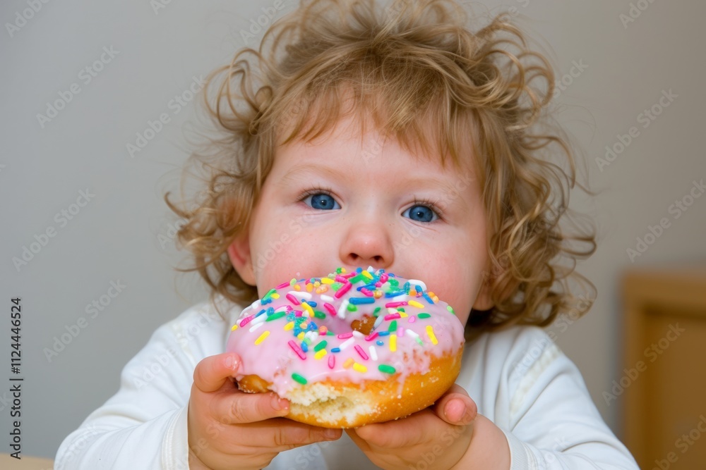 A young boy enjoying a colorful donut with sprinkles in a bright kitchen, showing his delight and messy hands. A young boy enjoying a colorful donut with sprinkles in a bright kitchen, showing his delight and messy hands.