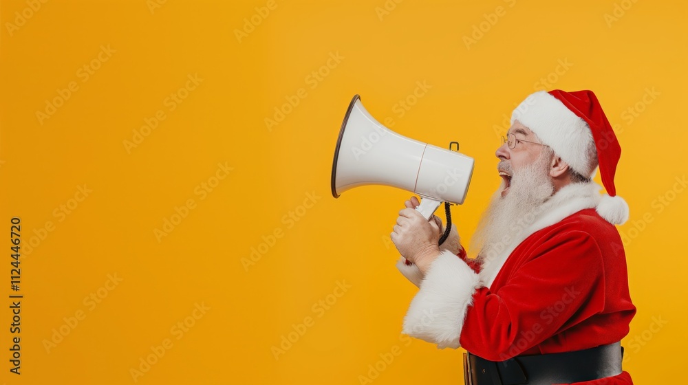 Santa Claus shouting through a megaphone on a bright yellow background, spreading holiday cheer in a bold and fun way. Santa Claus shouting through a megaphone on a bright yellow background, spreading holiday cheer in a bold and fun way.