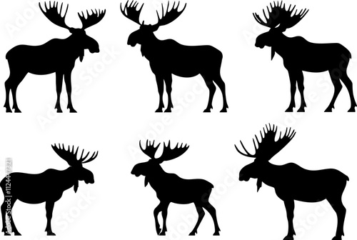 A collection of moose silhouettes showcasing different poses and angles, ideal for wildlife-themed projects or designs.