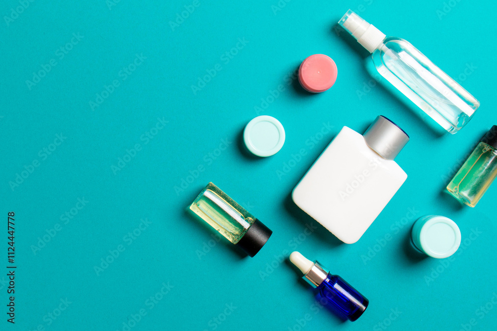 Cosmetics SPA branding mock-up, top view with copy space. set of tubes and jars of cream flat lay on colored background Cosmetics SPA branding mock-up, top view with copy space. set of tubes and jars of cream flat lay on colored background