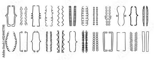 Hand drawn doodle brackets set. Scribble brackets and drawing in black. Wavy frames for text, silhouettes of parenthesis.