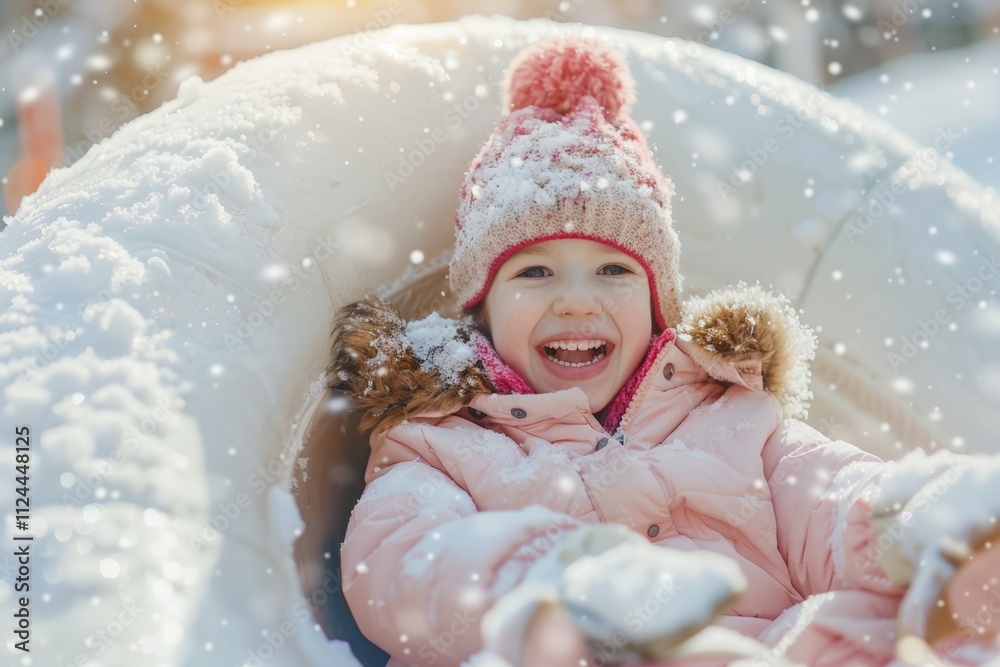 A cheerful child bundled up in winter gear enjoying a snowy day on a playground slide, surrounded by fresh snow. A cheerful child bundled up in winter gear enjoying a snowy day on a playground slide, surrounded by fresh snow.