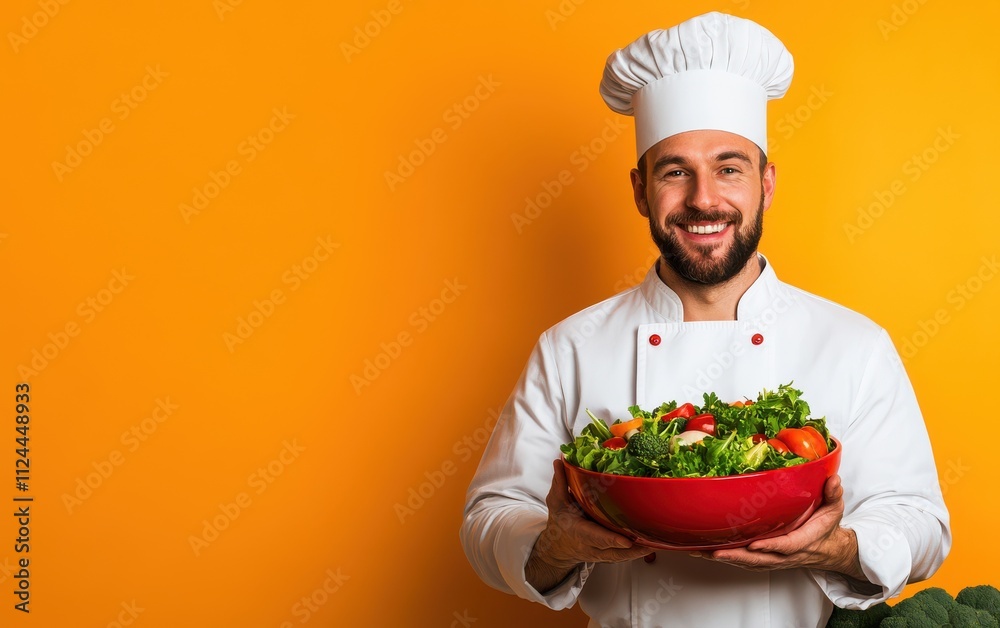 A cheerful chef in a bright kitchen holding a colorful salad bowl, looking warmly into the camera, surrounded by fresh vegetables on the counter A cheerful chef in a bright kitchen holding a colorful salad bowl, looking warmly into the camera, surrounded by fresh vegetables on the counter