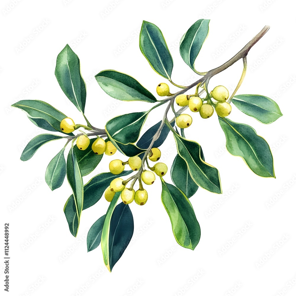 Watercolor Holly Branch with Yellow Berries Watercolor Holly Branch with Yellow Berries