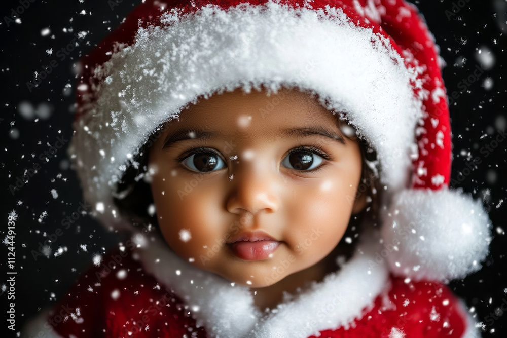 close-up portrait of an adorable baby dressed in a Santa Claus costume, with snow falling on her face, creating a festive Christmas vibe against a black background. close-up portrait of an adorable baby dressed in a Santa Claus costume, with snow falling on her face, creating a festive Christmas vibe against a black background.