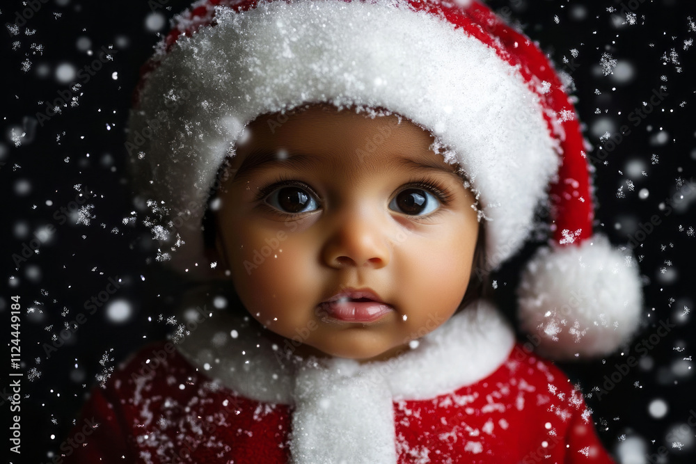 close-up portrait of an adorable  baby  dressed in a Santa Claus costume, with snow falling on her face, creating a festive Christmas vibe against a black background.