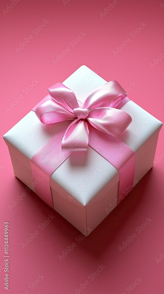 Gift box wrapped in white paper with pink ribbon placed on a pink background Gift box wrapped in white paper with pink ribbon placed on a pink background