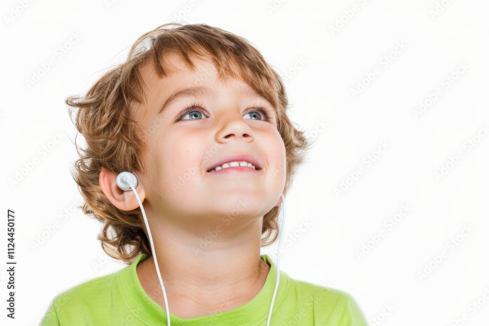 A smiling young boy with curly hair enjoying music through earphones, gazing upwards with a bright expression, dressed in a green shirt against a white background. A smiling young boy with curly hair enjoying music through earphones, gazing upwards with a bright expression, dressed in a green shirt against a white background.