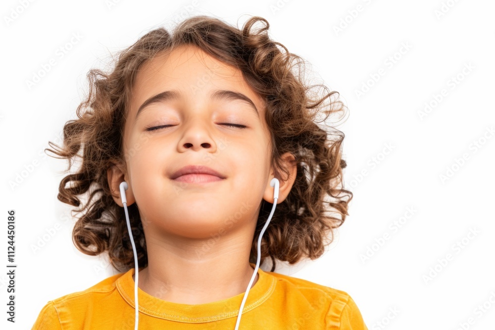 A smiling young boy with curly hair enjoying music through earphones, gazing upwards with a bright expression, dressed in a green shirt against a white background. A smiling young boy with curly hair enjoying music through earphones, gazing upwards with a bright expression, dressed in a green shirt against a white background.
